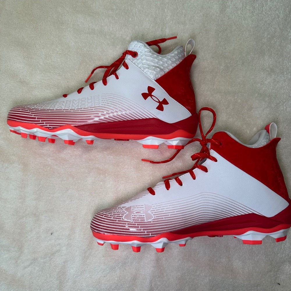 Under Armour Football Cleats Mens 11.5‎ White Red UA Mid Top Athletic Shoes - Picture 4 of 10